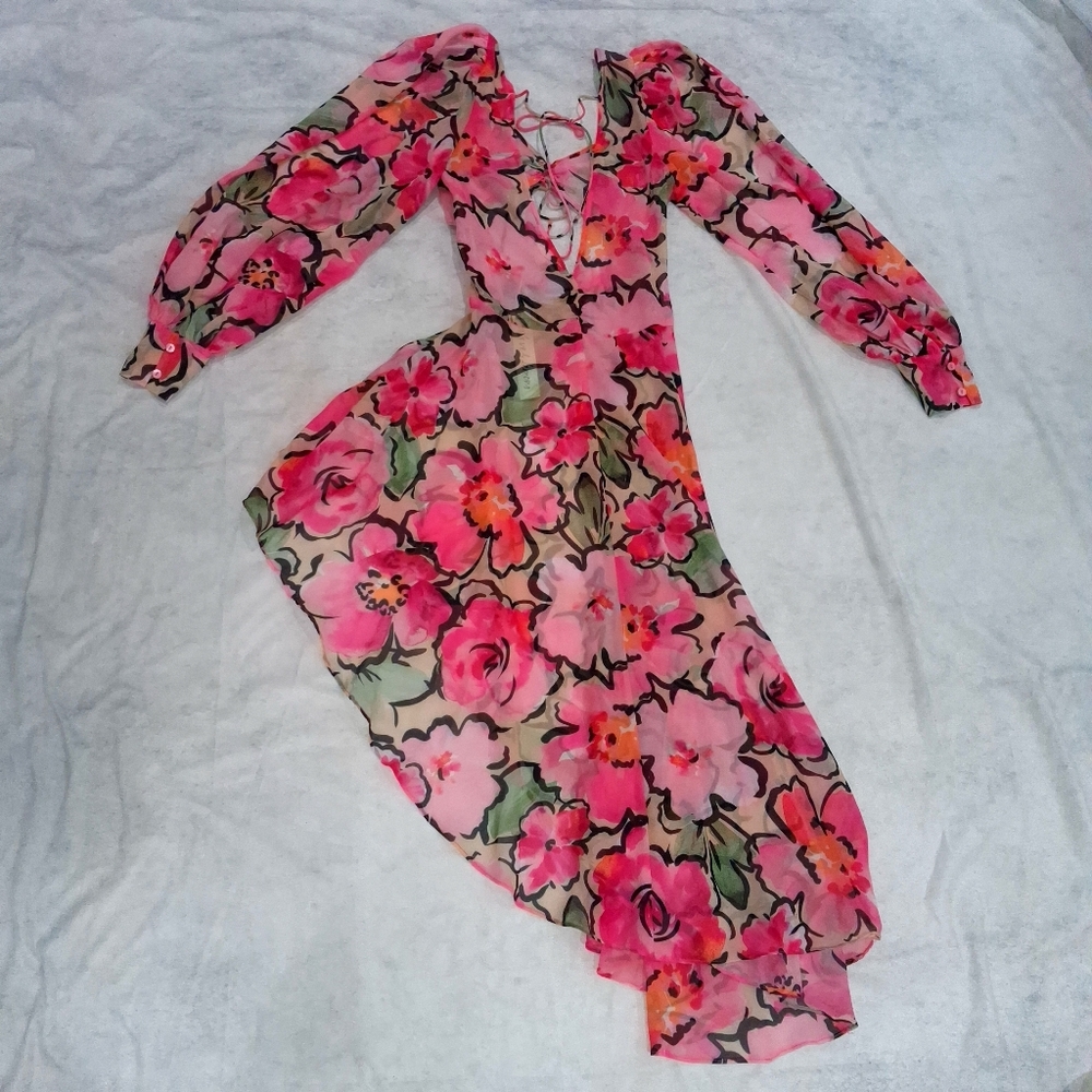 For Love & Lemons Tiana Printed Flowy Ruffles Sheer Tie Front Midi Dress S Pink - Picture 8 of 11